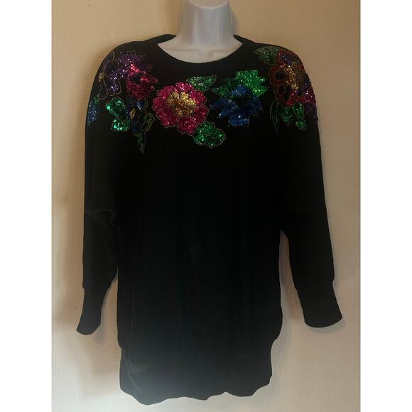 Vintage B.I.B S.M.L Sport Black Sweater Embroidered-Beaded Floral Design - Picture 1 of 14